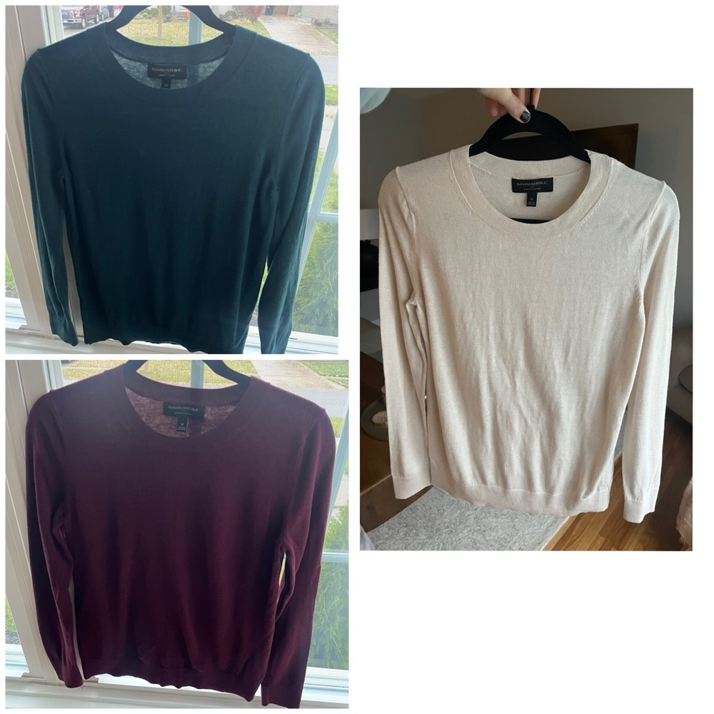 Bundle! 3 Banana Republic lightweight sweaters (cream, emerald, maroon)